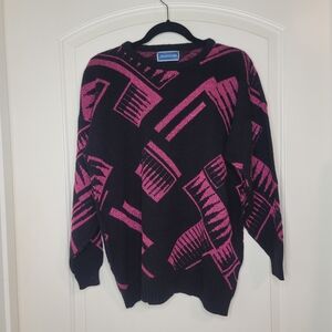 Vintage 1980s-1990s Funky Graphic Sparkly Pink and Black Sweater